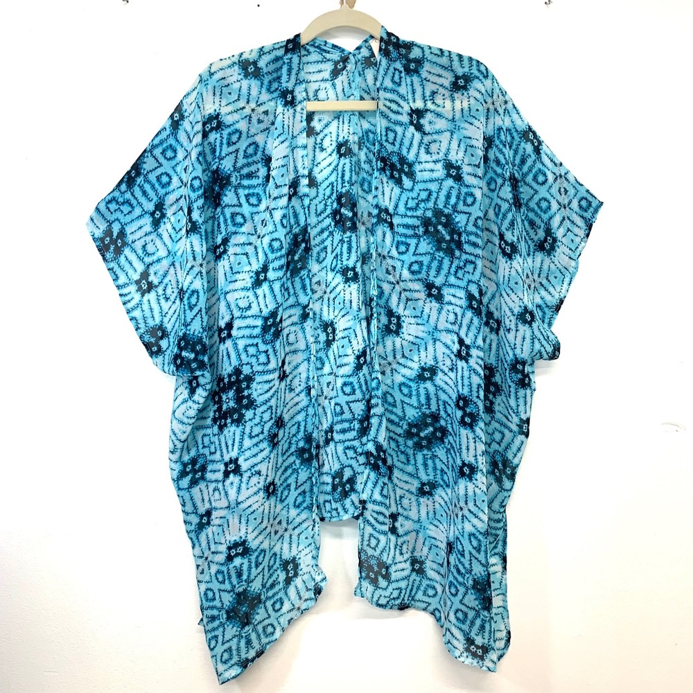 Ocean Pacific Open Kimono Cardigan Cover Up Blue Geometric Print Aqua Medium